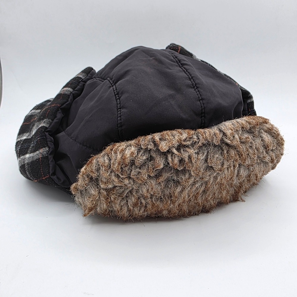 Lake of the Isles Trapper Hat Mens L/XL Black Plaid Faux Fur Bomber Ushanka Cap